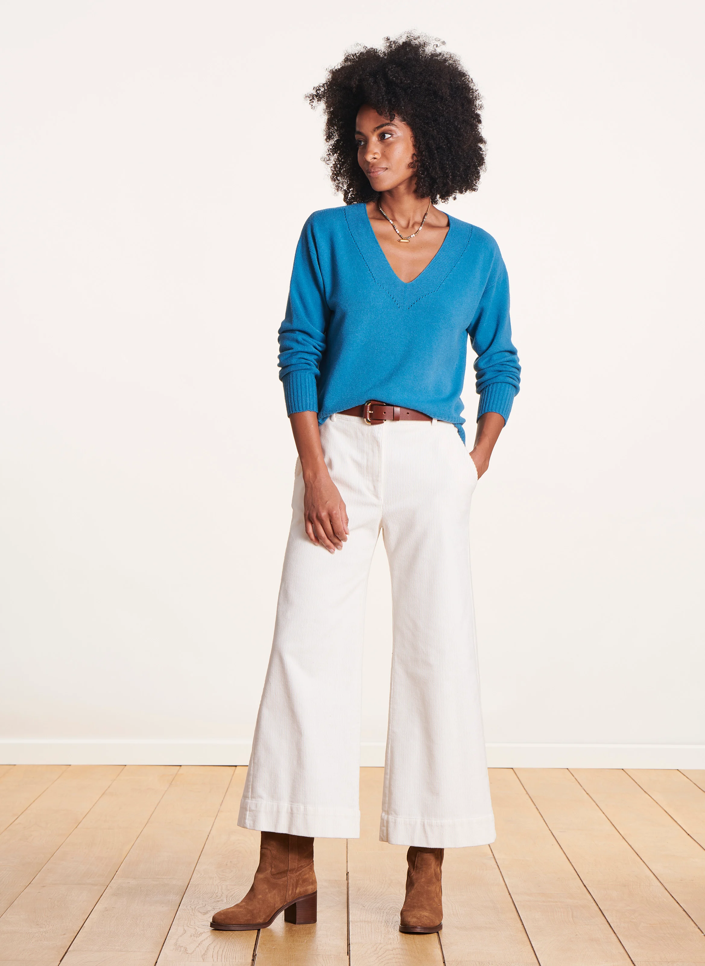 Pull ample col V en maille mélangée | Bleu