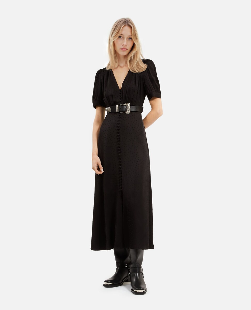 THE KOOPLES<br>Vestido midi com decote em V, mangas curtas e estampa de poá jacquard