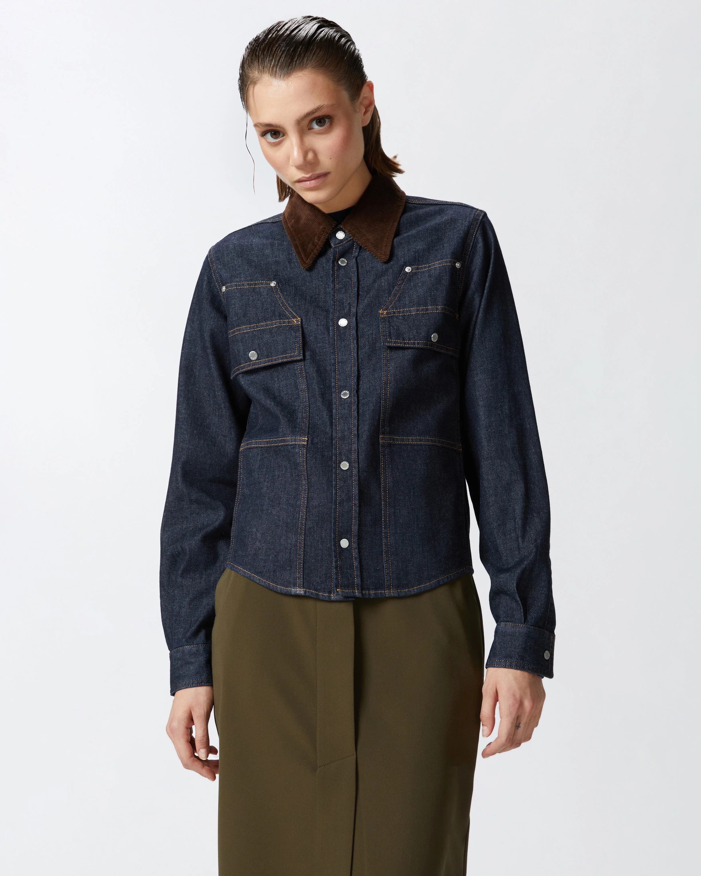 Chemise avec col en velours milleraies | Bleu