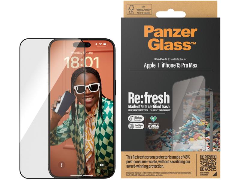 Panzerglass Displayschutz Refresh  iPhone 15 Pro Max Displayschutzfolie mit Applicator und 45% recyceltem Glas für das Apple iPhone 15 Pro Max