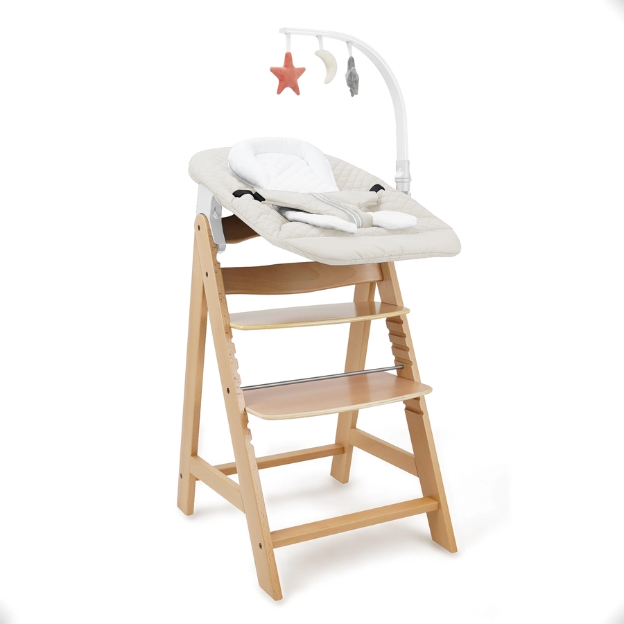 509 Crew SKY Hochstuhl natur inkl. Bouncer stone white und 2-in-1 Essbrett weiß