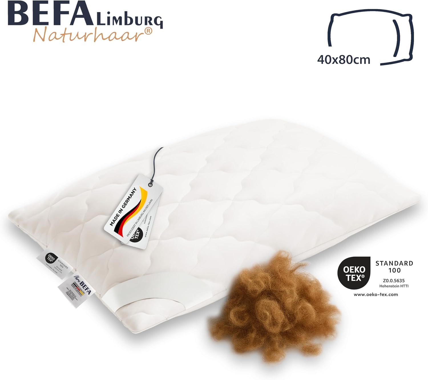 BEFA NATUR Kamelhaar Kopfkissen 40x80 cm, 100% Kamelhaarfüllung, Bezug aus Baumwolle, Oeko-TEX Klasse 1, Made in Germany, allergikerfreundlich
