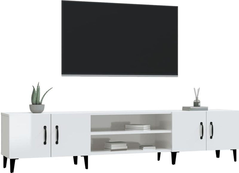 vidaXL Tv-meubel - Hoogglans Wit - Bewerkte Hout - 4 Vakken en 4 Deuren