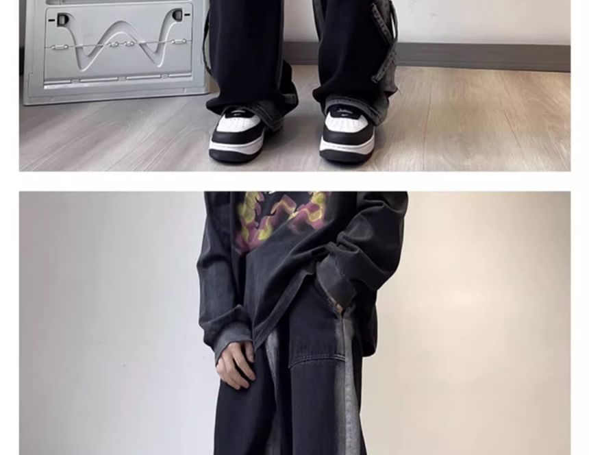 emeisa - Hoge taille tweekleurige wijde pijpen jeans