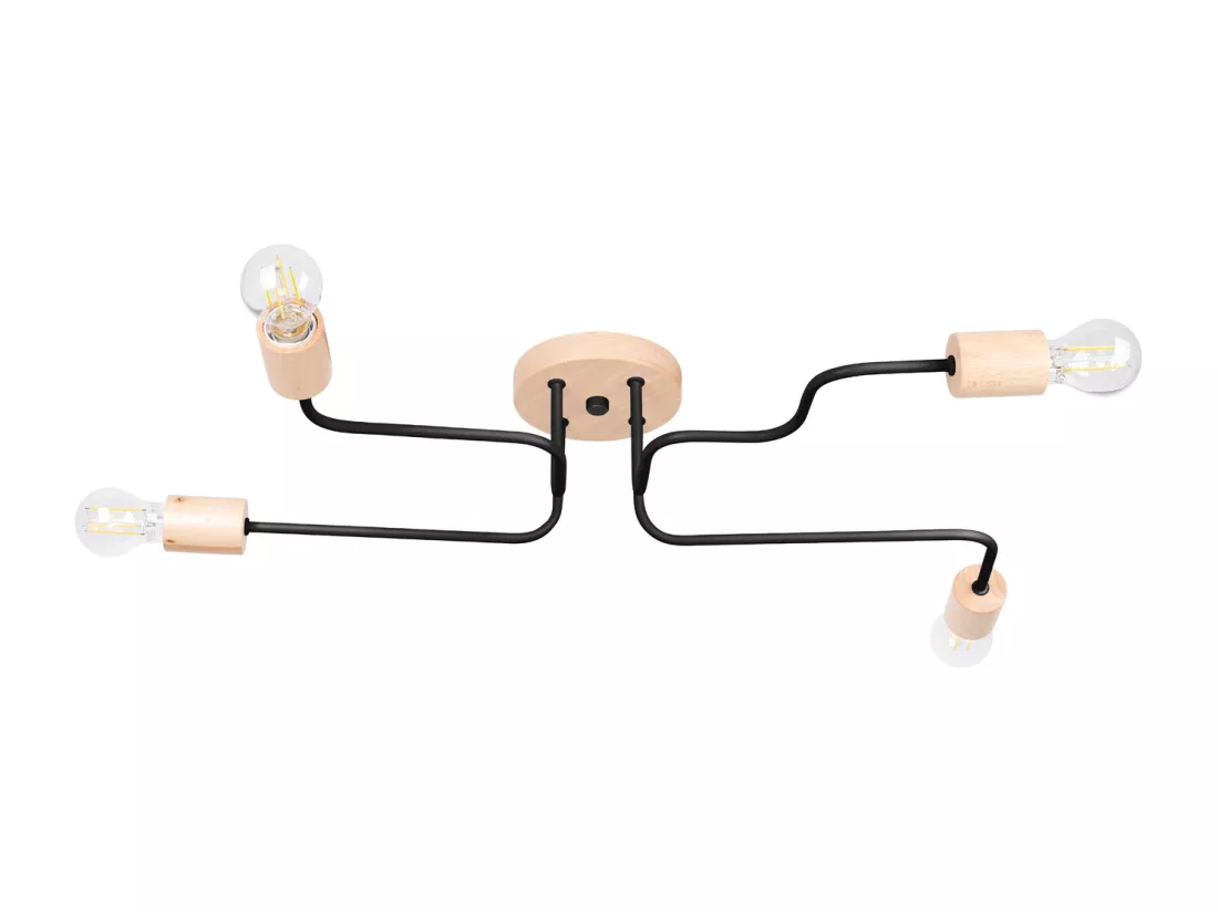 Lustre Timbo grenier en acier/bois - 4 sources lumineuses - L.75 x H.16,5 cm - noir/bois naturel