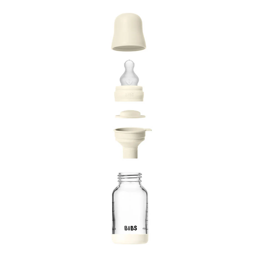 BIBS Glazen Babyfles - 120 ml - Ivory - met silicone speen en opvouwbare trechtertje