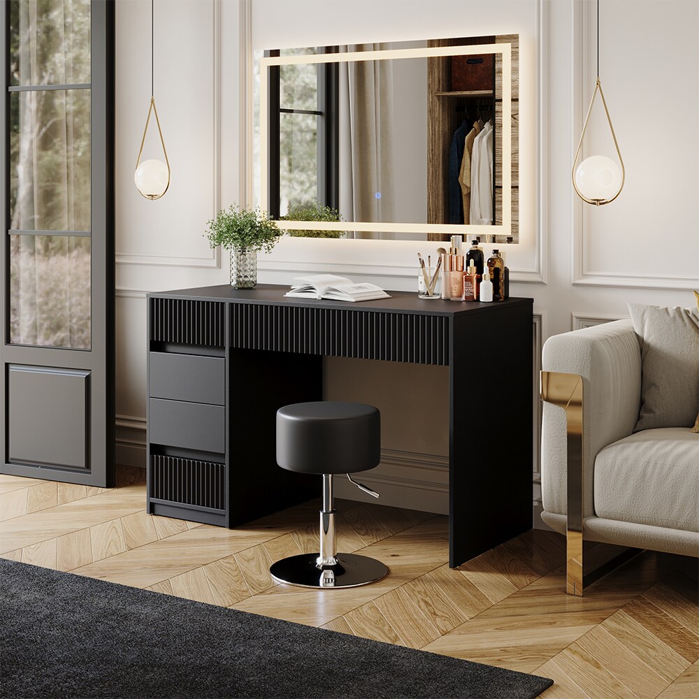 Vicco Schminktisch Omira Schwarz 120 cm mit LED-Spiegel und Hocker