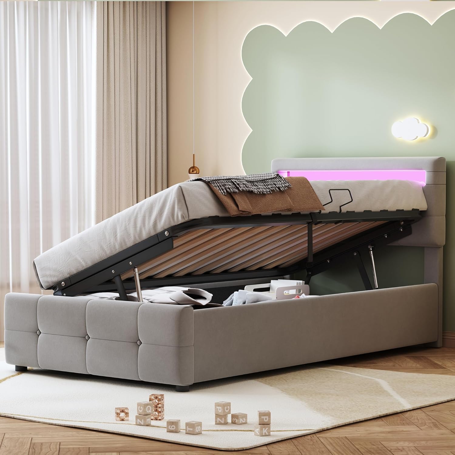 Boxspringbett Polsterbett 90x200 cm, Hydraulisches Stauraumbett mit LED Beleuchtung und Lattenrost, Bett mit Bettkasten und verstellbares Kopfteil, Einzel-Hochboxbett Jugendbett, Grau, ohne Matratze