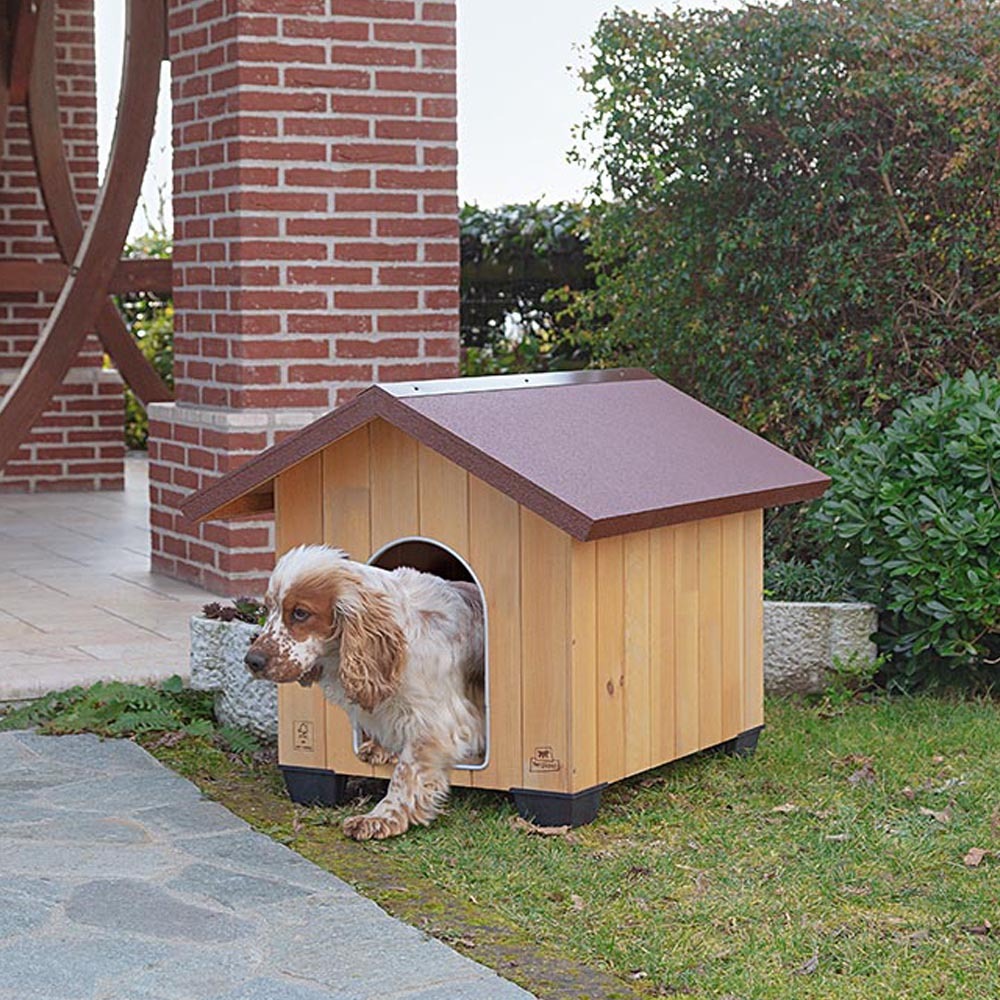 Ferplast niche pour chiens pour l'extérieur domus medium en bois fsc, pieds isolants en plastique, grille pour l'aération, porte