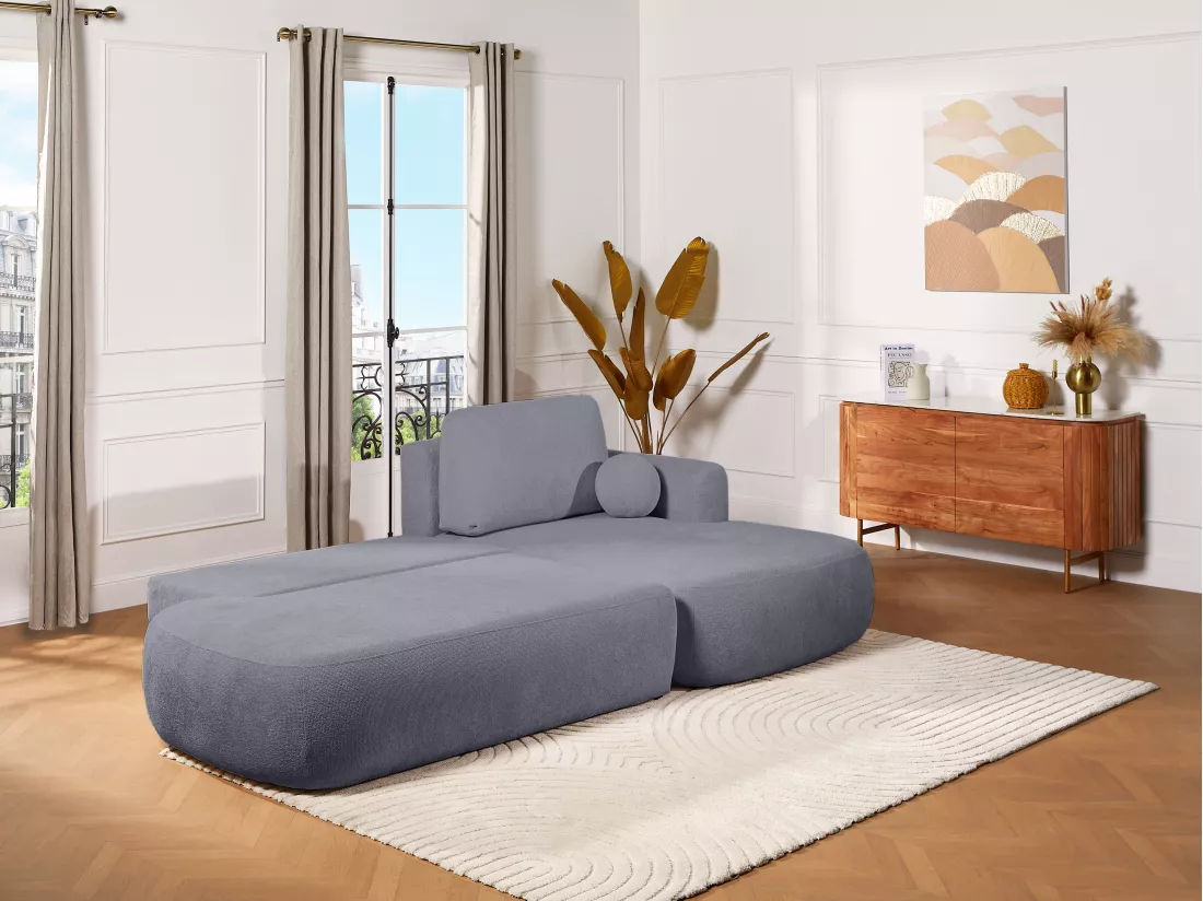 Canapé d'angle droit convertible en tissu texturé gris BROCARO de Maison Céphy