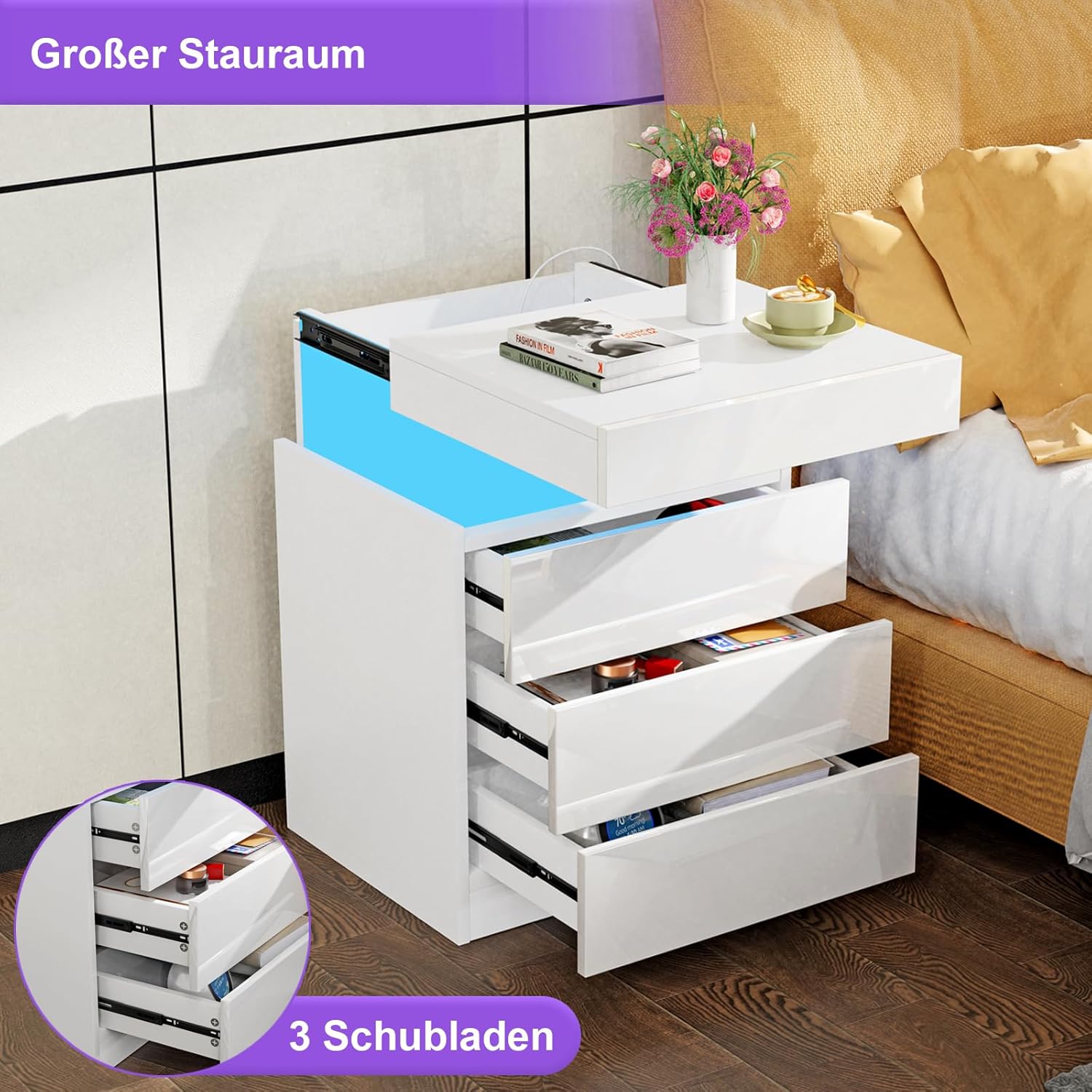 Nachttisch weiß led, 3 Schubladen, Nachttisch mit USB, AC Steckdosen, 2 USB-Anschlüsse, Hochglanz, Verstecktem Schublade, Beistelltisch Nachtschrank für Schlafzimmer Wohnzimmer
