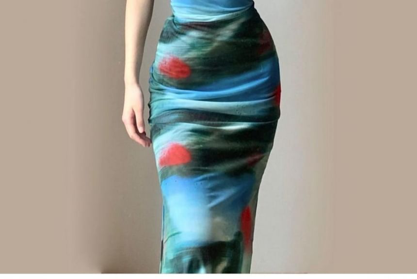 Peach+velvet - Spaghettibandjes Tie Dye Slit Maxi Schede Jurk