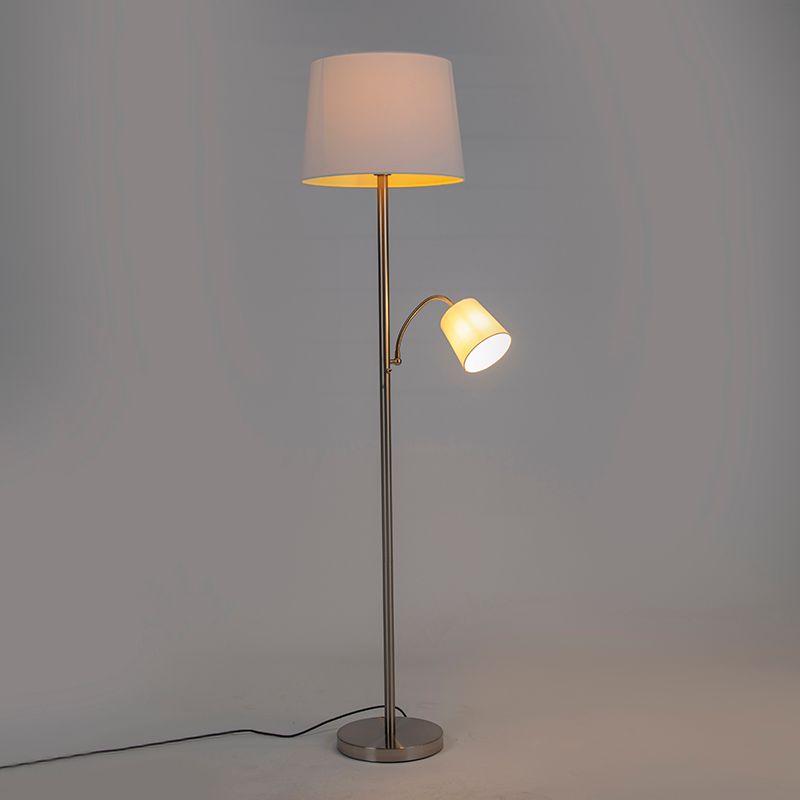 Klassieke vloerlamp staal met witte kap en leeslampje - Retro
