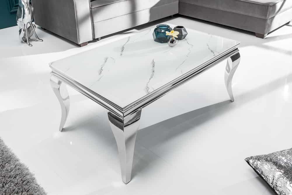 Eleganter Couchtisch MODERN BAROCK 100cm Glasplatte in Marmoroptik Edelstahlbeine