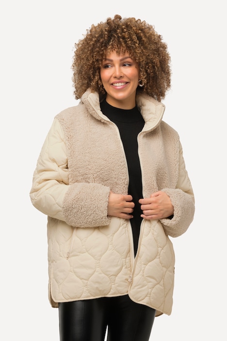 Steppjacke, Teddyanteil, Stehkragen, A-Linie, Patchlook