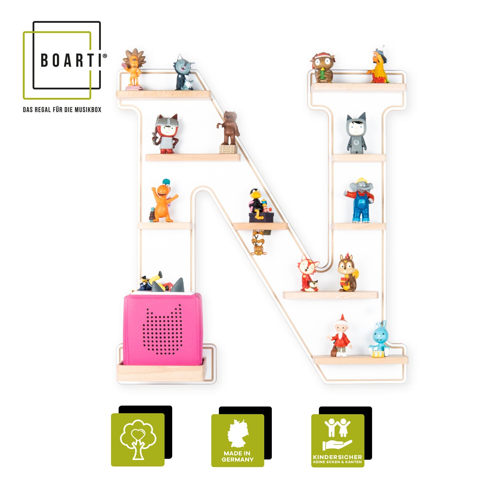 BOARTI Holz Buchstabe N Kinder Regal Toniebox Figuren Wandregal Tonies Musikbox