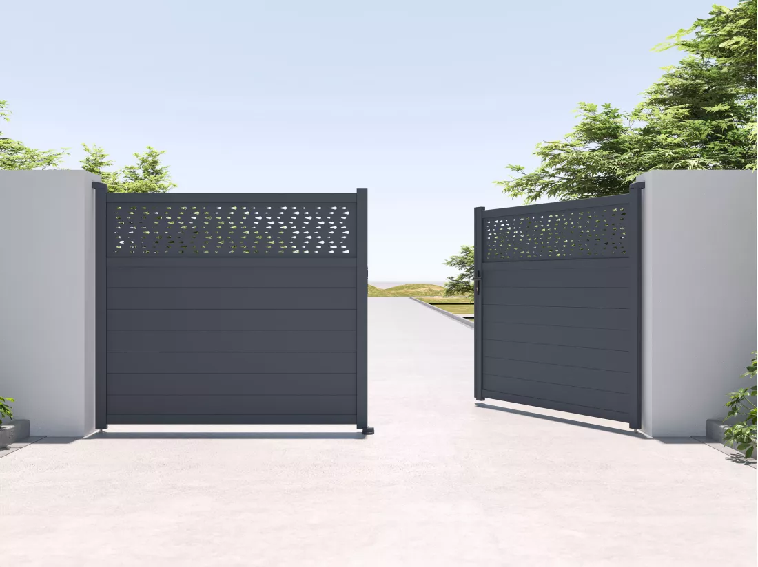 Portail électrique battant aluminium semi plein à motifs L397 x H181 cm anthracite - BAZIO