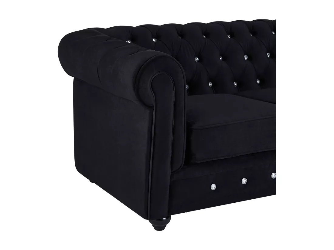 Canapé 3 places et fauteuil CHESTERFIELD - velours noir et boutons effet cristal