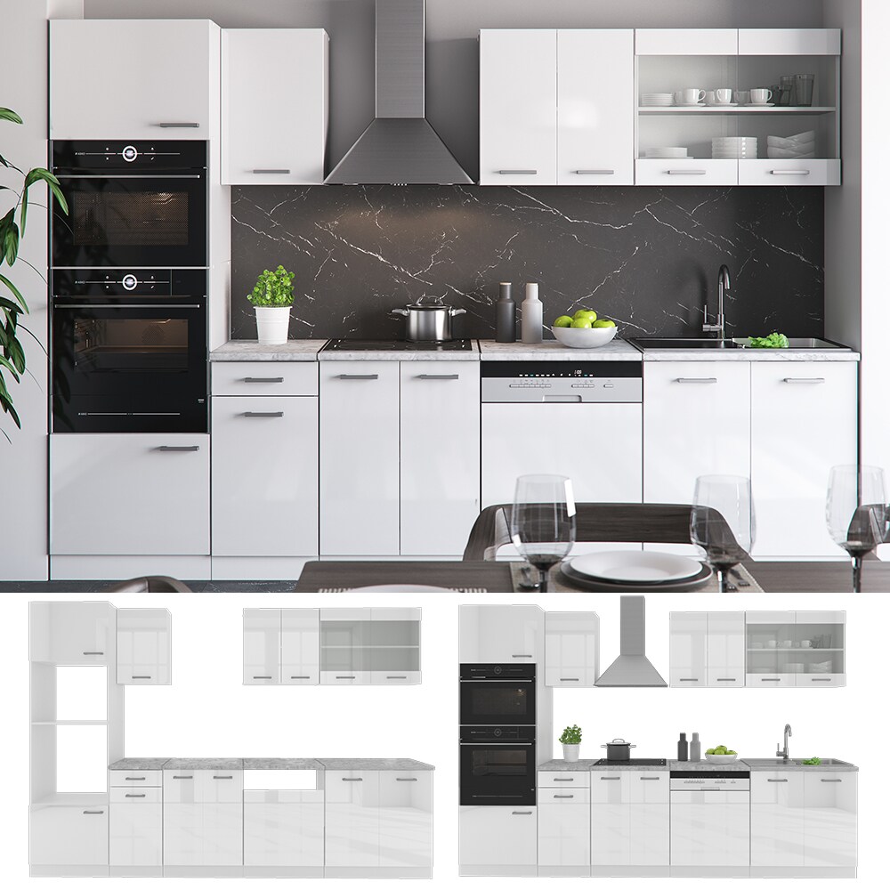 VICCO KÜCHE R-LINE 300 CM KÜCHENZEILE KÜCHENBLOCK EINBAUKÜCHE – WEISS HOCHGLANZ