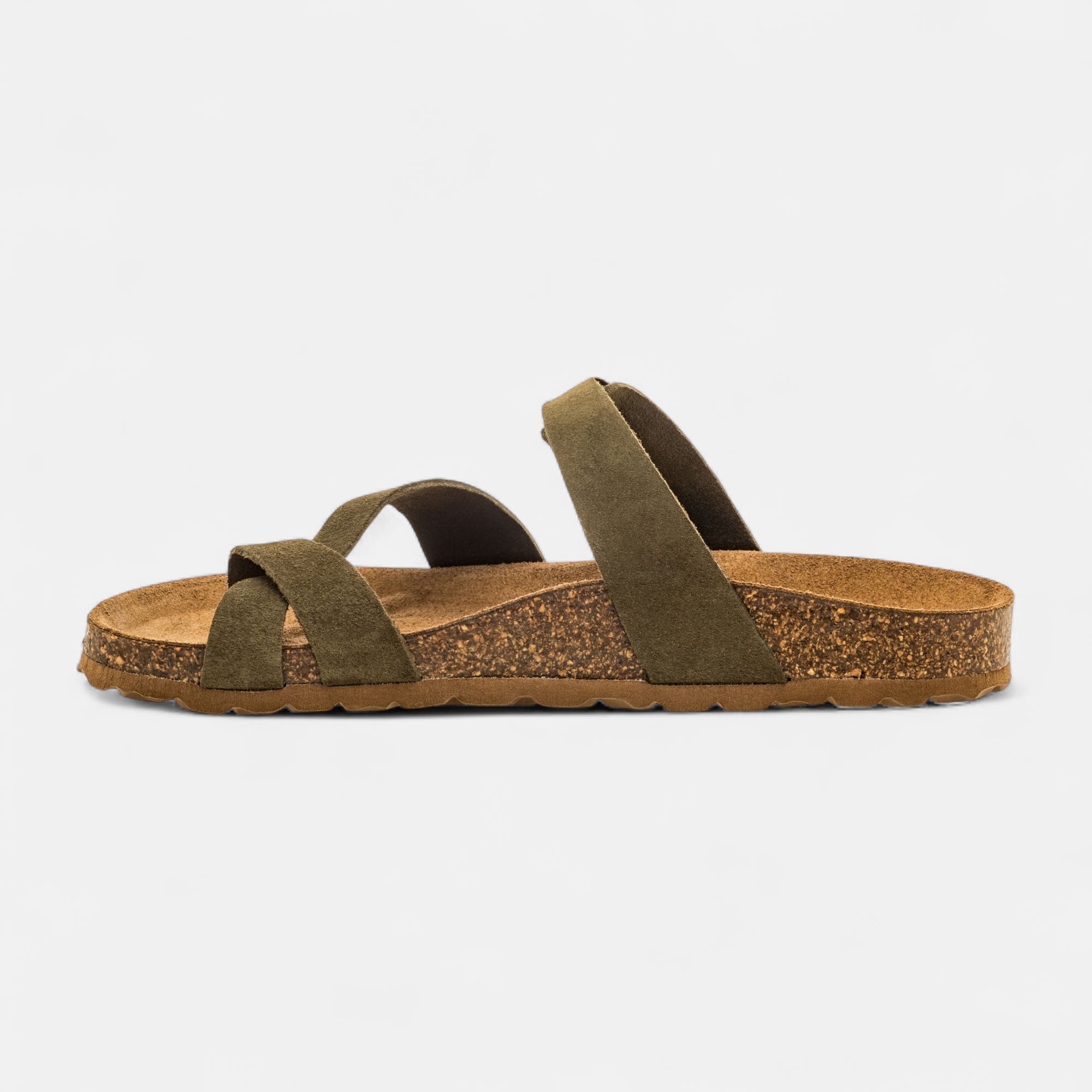 Mules semelle liège Femme en cuir kaki