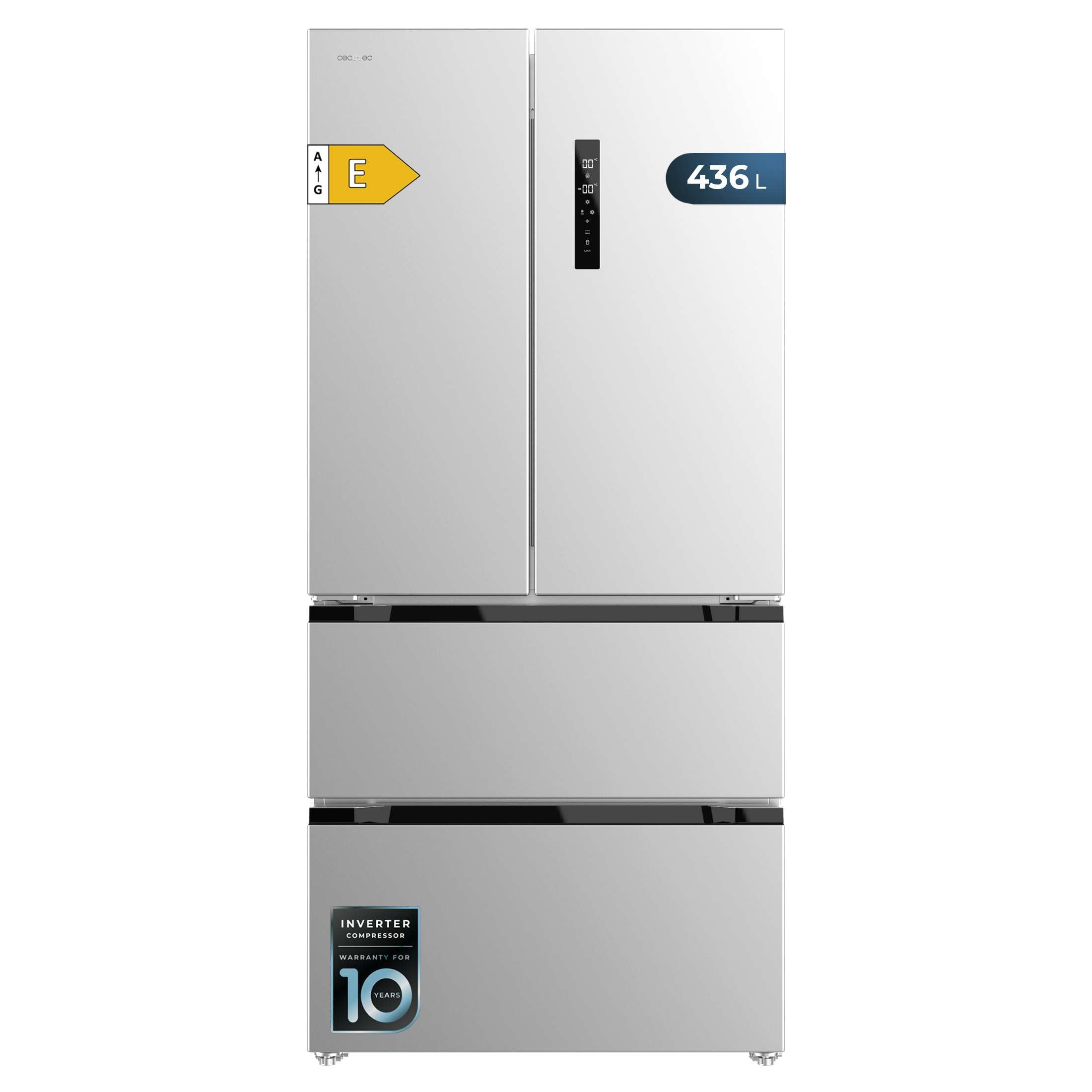 Cecotec Réfrigérateur Porte Française Inox 436L Bolero CoolMarket FD 436 Inox E, 183 x 83,6 cm, Basse Consommation, Compresseur Inverter Plus, Total N