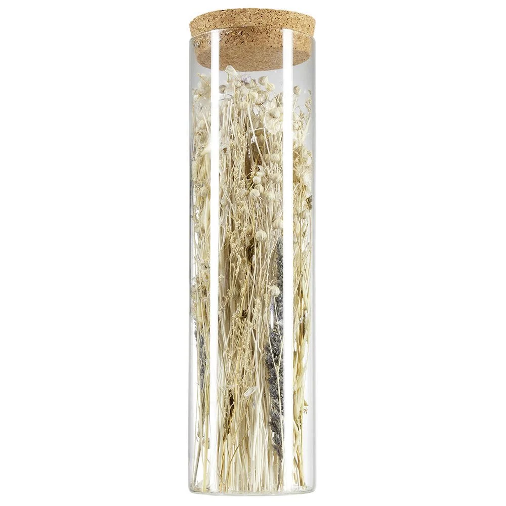 Tube en verre couvercle liège intérieur fleurs séchées bleu et blanc