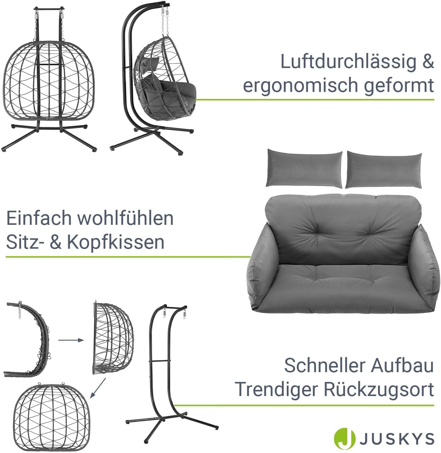 Juskys® Doppelhängesessel Aria - Polyrattan Hängesessel mit Gestell & Kissen - Schaukel für Zwei Personen - Outdoor Indoor Sessel - XXL Korb Grau