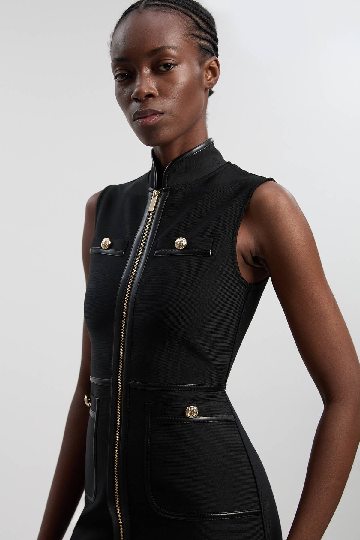 KarenMillen Robe Mini Bandage Militaire Sans Manches À Finitions SYNTHÉTIQUE