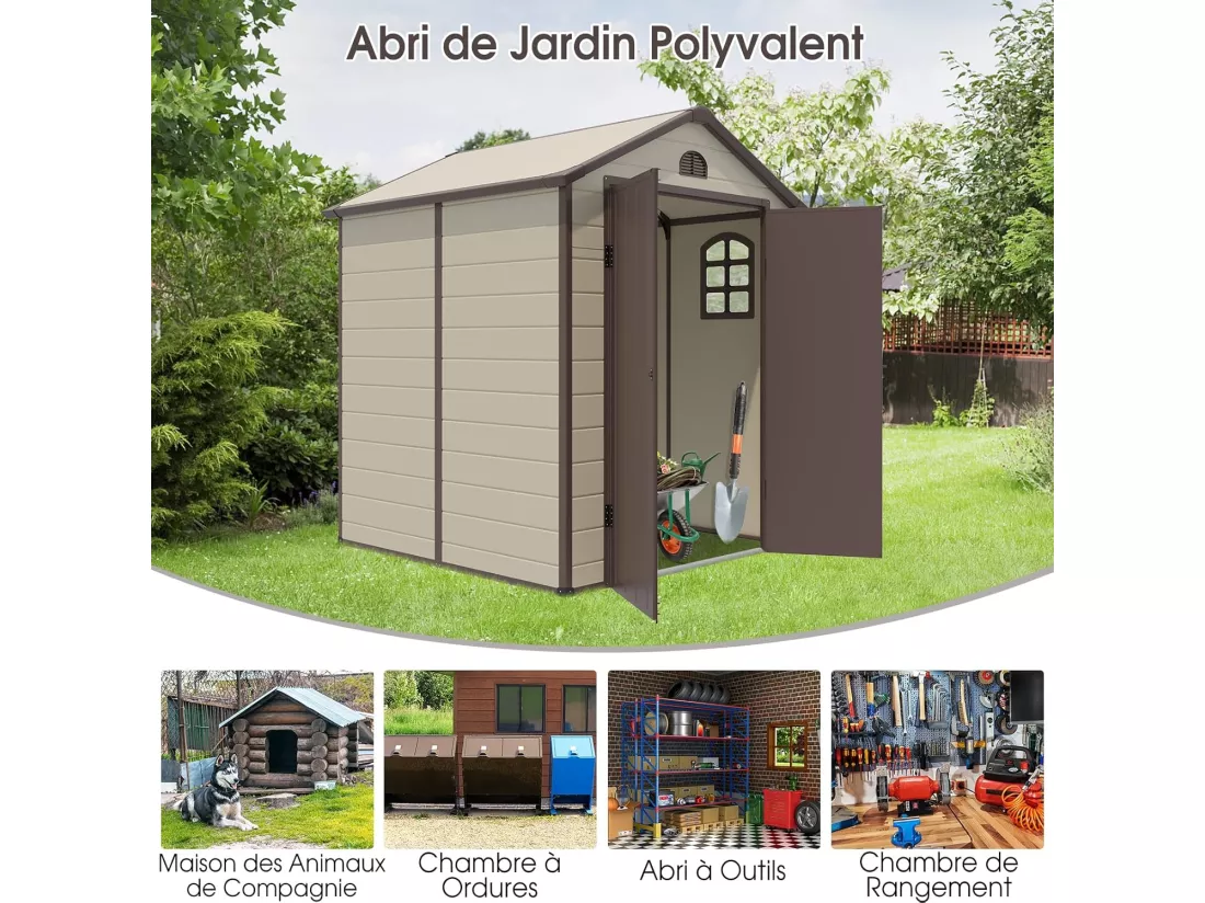 Abri de Jardin Extérieur 6.2 m³ avec Porte Verrouillable, Abri de Jardin PVC 3.1㎡ avec 2 Fenêtres, Toit en Pente, Cadre en Acier, Rampe pour Vélos, Outils, Cabane pour Jardin, Terrasse, Patio