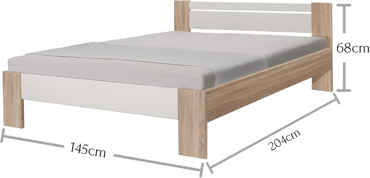 Stella Trading Vega Stilvolles Futonbett 140 x 200 cm - Komfortables Jugendzimmer Doppelbett in Eiche Sonoma Optik, weiß - 145 x 61 x 204 cm (B/H/T), Eiche Sonoma / Weiß, 204 x 145 x 68 cm
