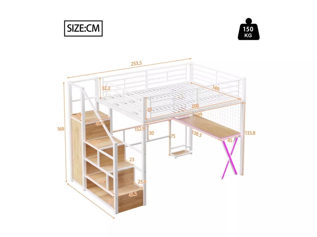 Lit mezzanine 140x200 éclairage d'ambiance télécommandé échelle de rangement bureau armoire étagères Blanc