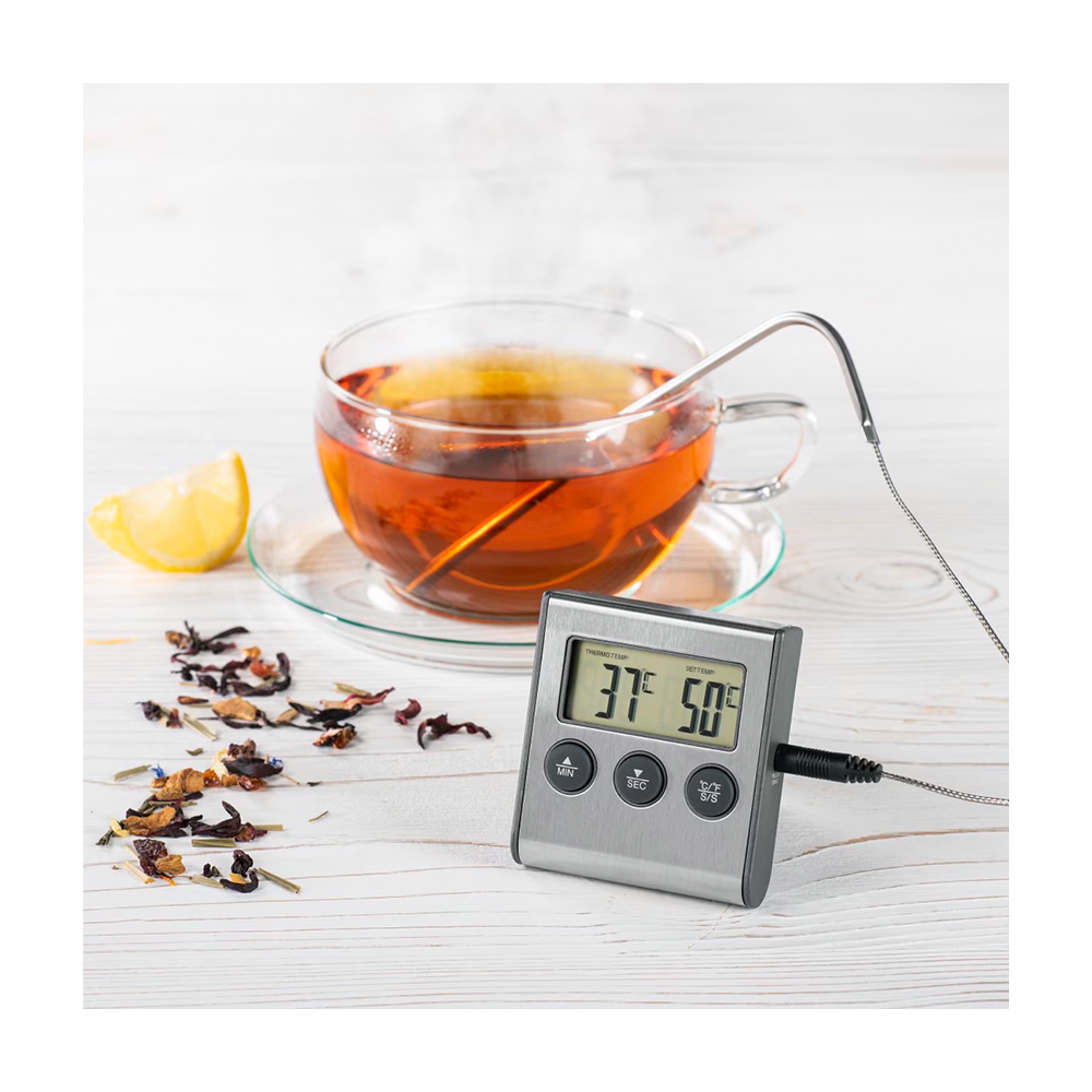 Digitales Braten Thermometer BBQ Grill Fleisch Timer Kabelsensor inkl. Temperaturfühler / AAA Batterie (00111018) - Silber