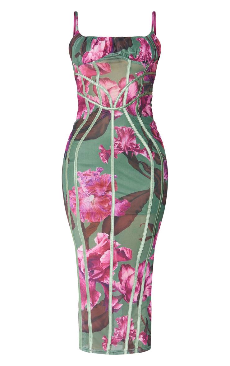 Vert Robe Midaxi En Mesh À Imprimé Floral Avec Détail De Lacets