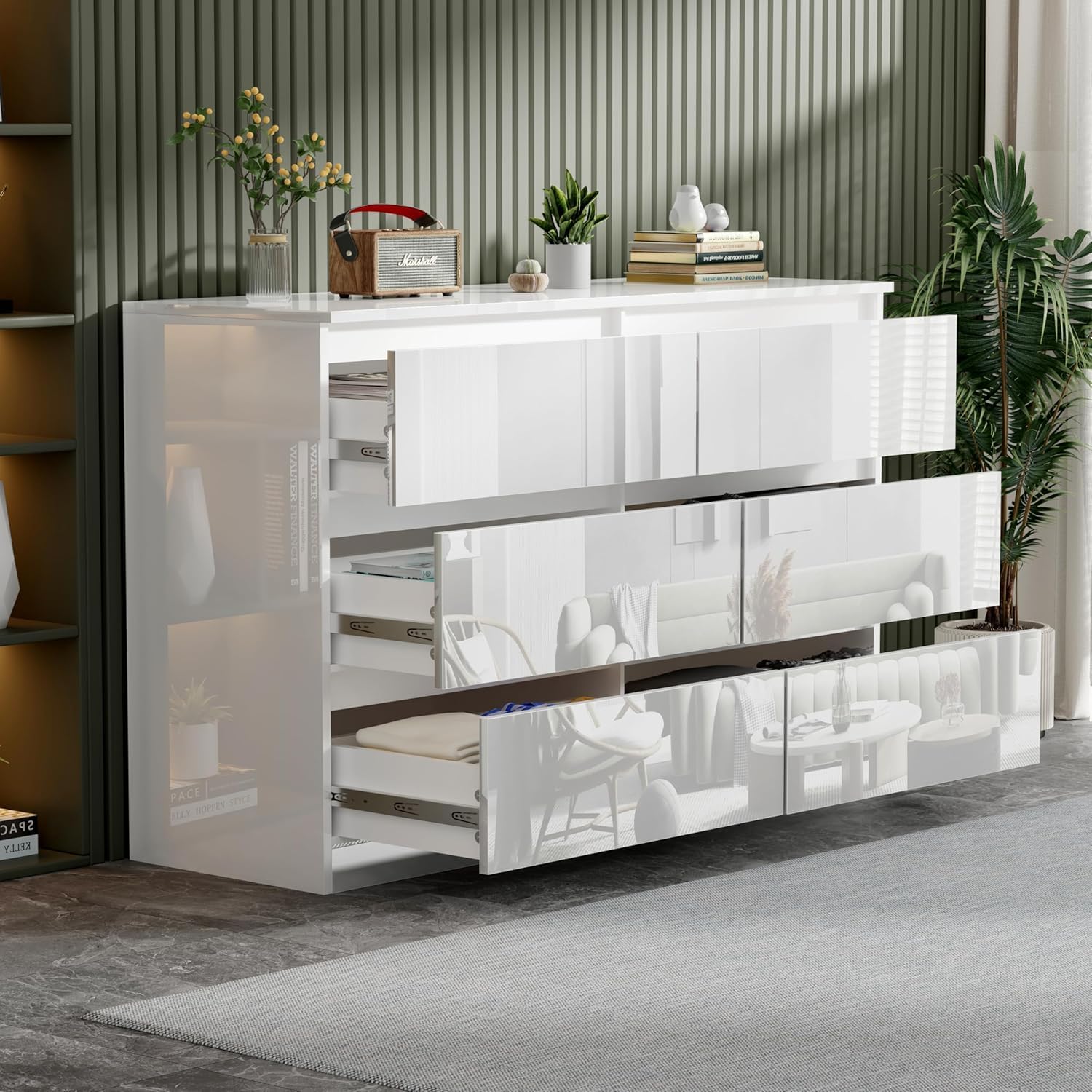 LSLIFE Weiße Schwarz Kommode mit 6/7/8 Schubladen Hochglanz Schlafzimmerschrank Nachttisch Sideboard Stauraum Möbel für Wohnzimmer Büro Flur (6 Schubladen weiß)