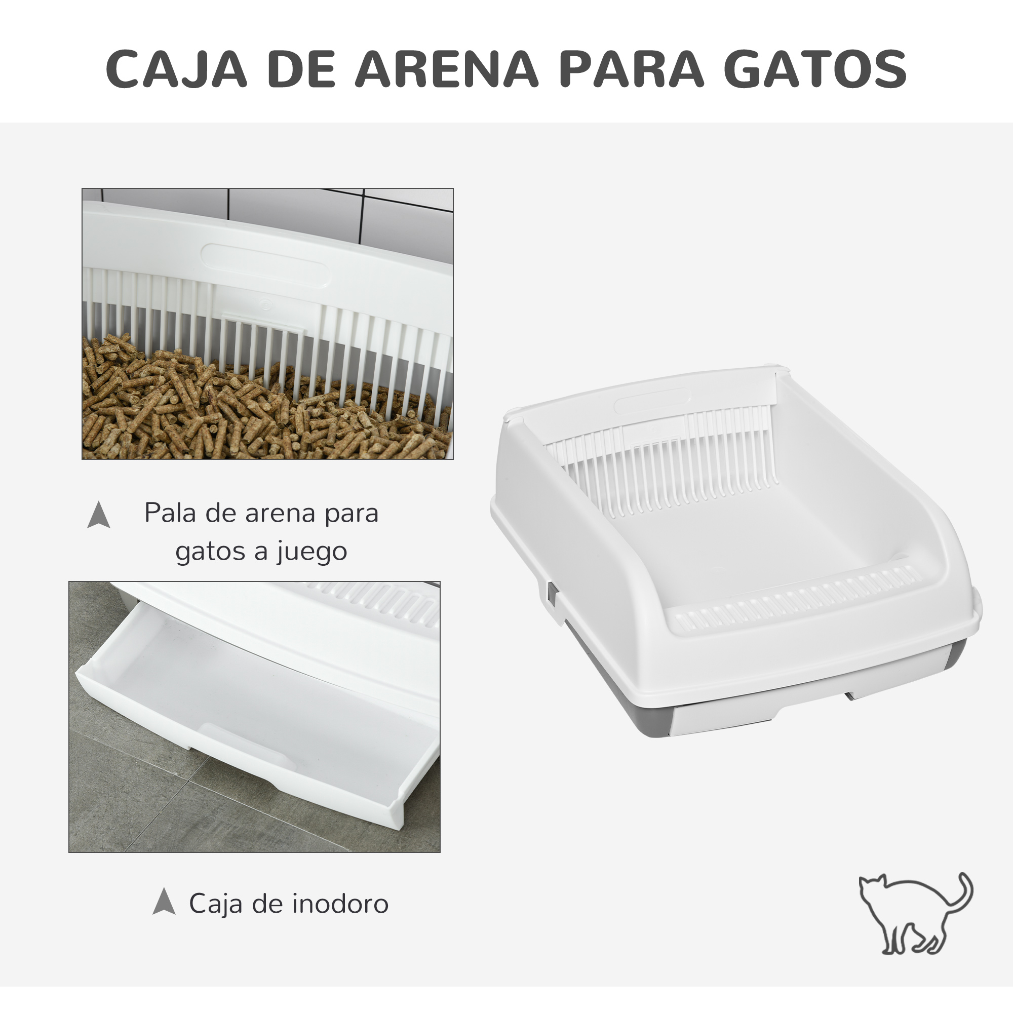 Caixa de areia semiautomática branca PawHut para animais de estimação com botão.