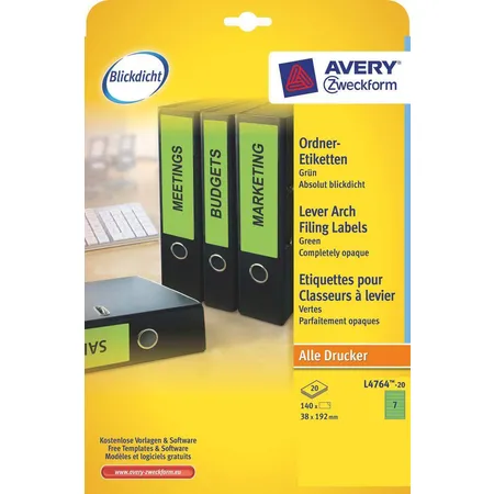 Avery Zweckform L4764-20 Ordnerrücken Etiketten A4, mit ultragrip, 38 x 192 mm, schmal/kurz, 20 Bogen/140 Etiketten, grün