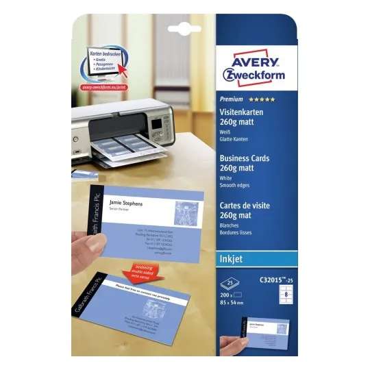 Visitkort Avery Quick&Clean™ til inkjetprinter 85x54 mm hvid 260g - (8 stk. x 25 ark)