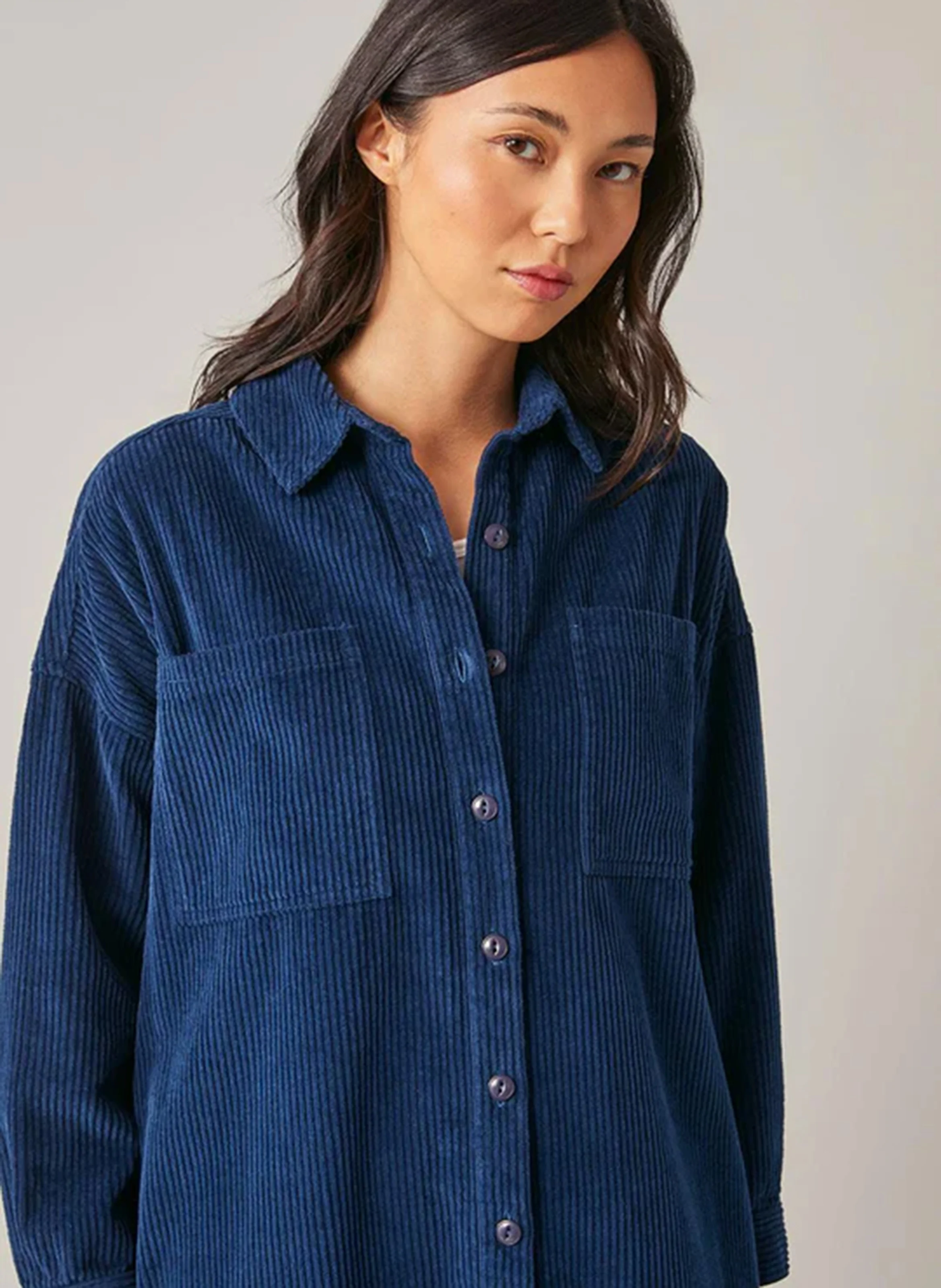 FRANE - Robe courte chemise col classique en coton | Bleu