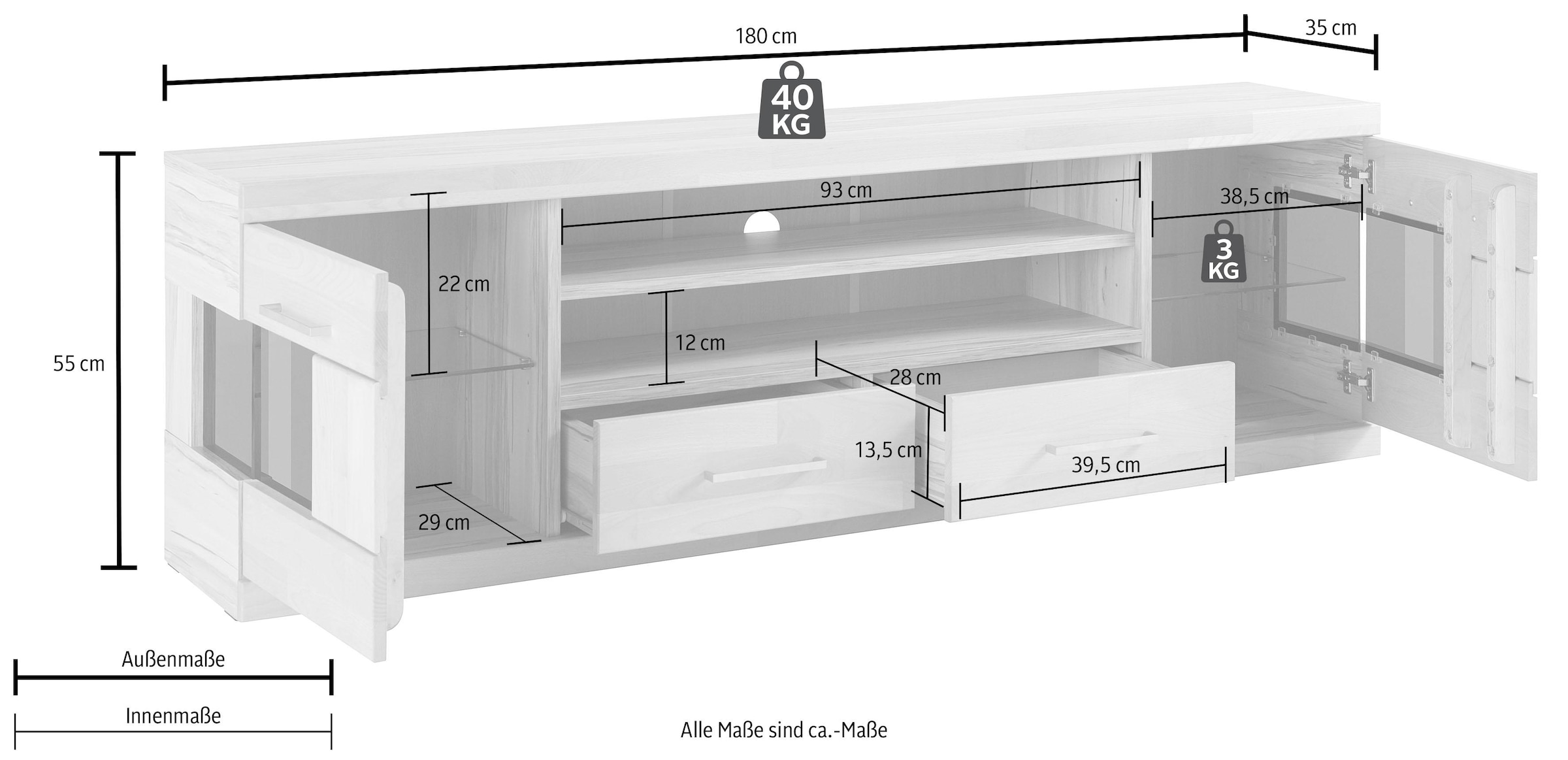 Home affaire Lowboard »Ribe,180cm breit, Fronten Massivholz,6 Fächer,Kabeldurchführung« Korpus Holzwerkstoff,Glaseinsatz aus gehärtetem Glas,Böden versetzbar