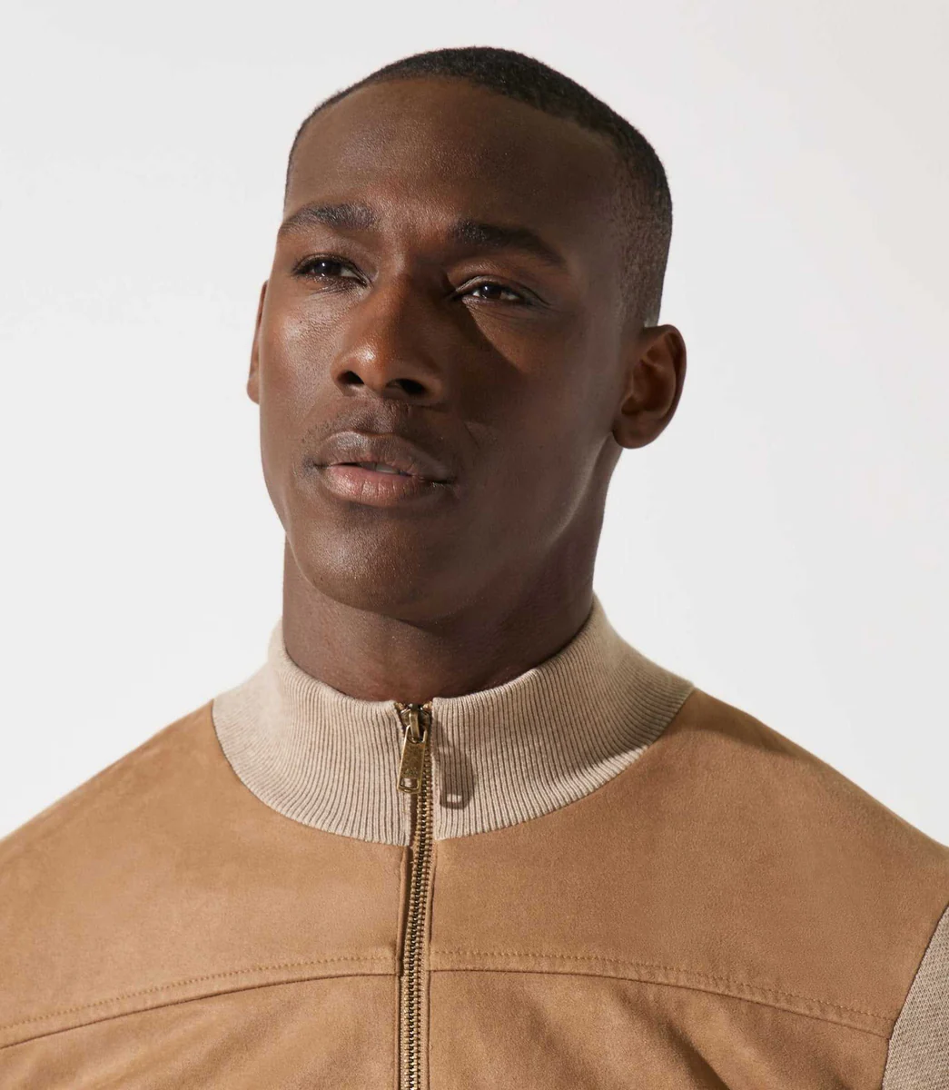 Gilet zippé col rond mix matière beige