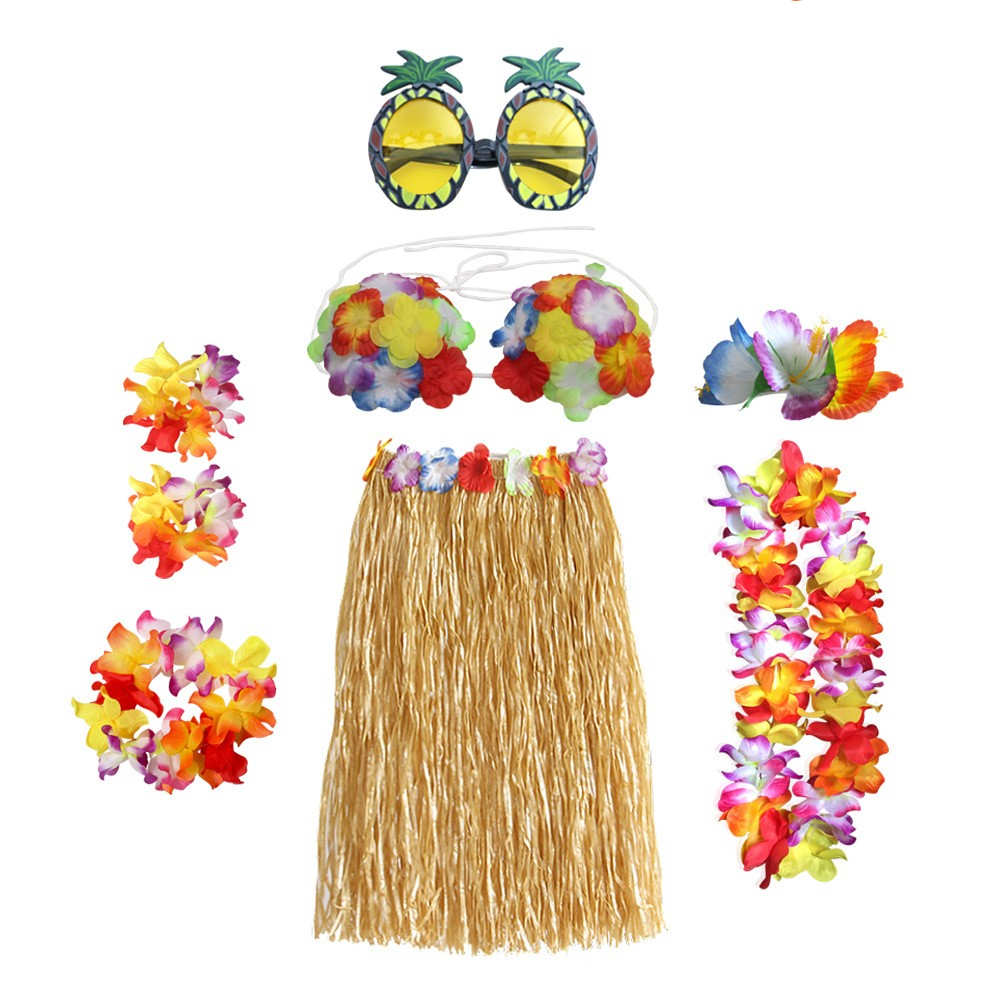 (8-tlg. Set) Fasnachts Erwachsenen Kostüm Hawaii Blumen Hula Rock Verkleidung für Sommer Motto Partys inkl. Brille - Gelb / Rot
