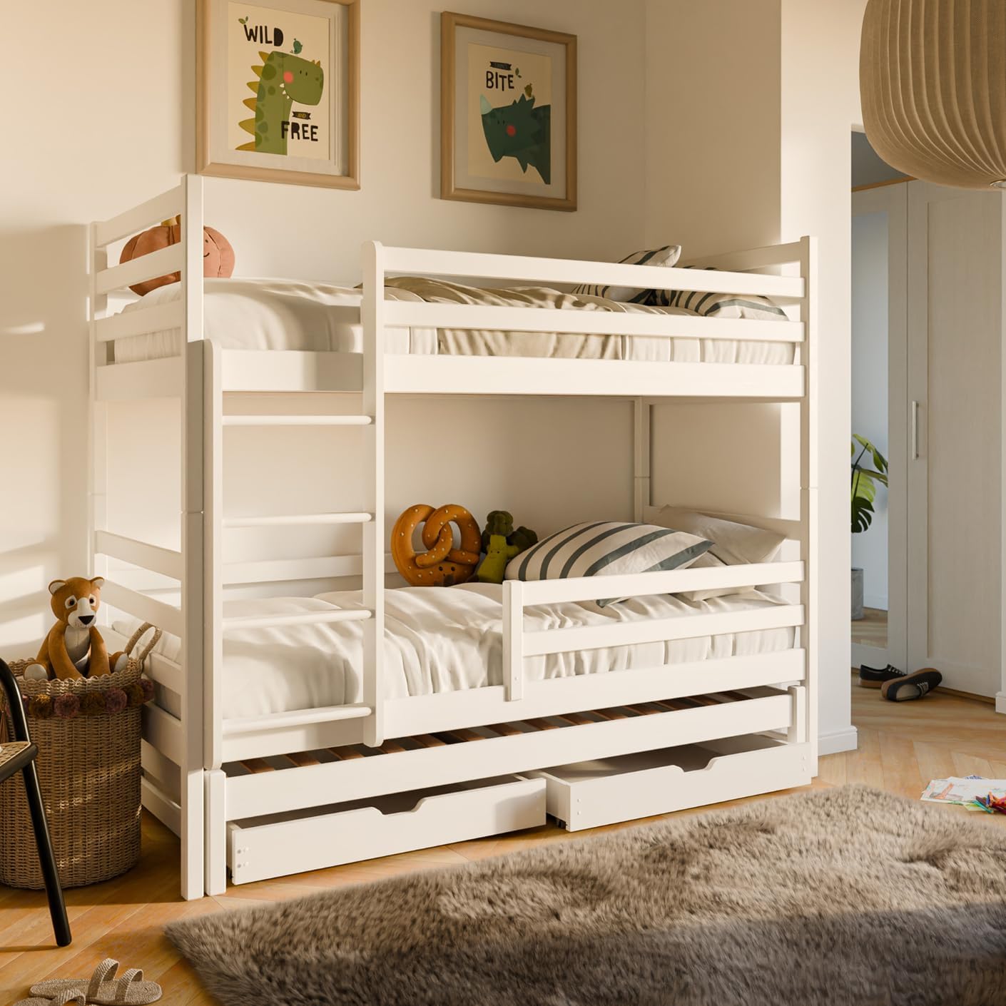 Kids Collective Hochbett 90x200 mit Ausziehbett Etagenbett Kinderbett mit Ausziehfunktion Zwei Schubladen Lattenrost Rausfallschutz umbaubar in DREI Einzelbetten, 4. bis 16. Lebensjahr Vollholz | weiß