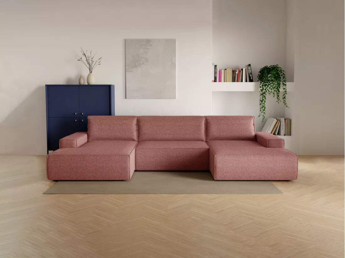 Grand canapé d'angle panoramique convertible en tissu texturé terracotta AMELIA