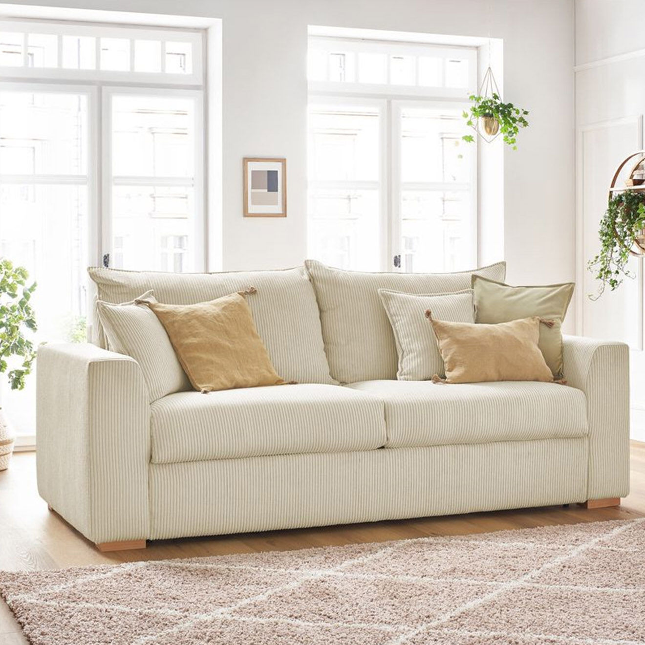 Bobochic Canapé convertible express augustin velours côtelé beige  - 225x96x97 cm
