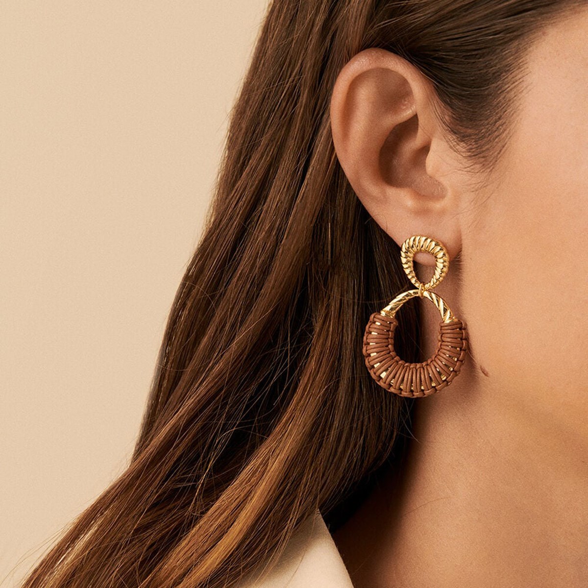 Boucles d'oreilles Agatha Twiggy doréescuir marron
