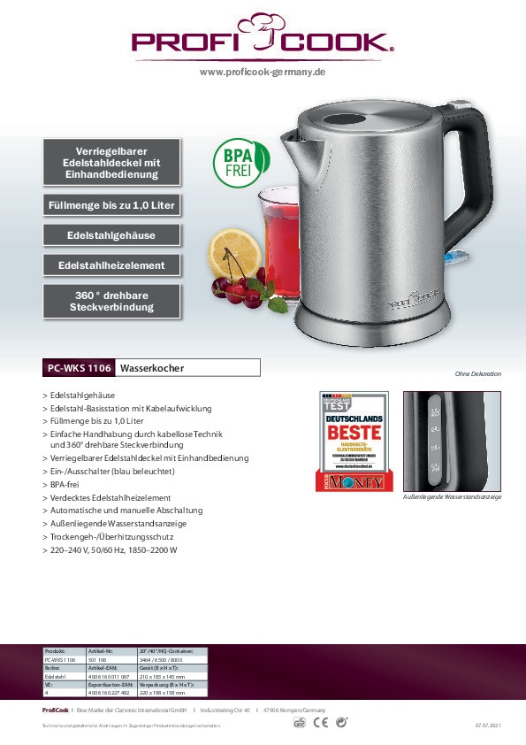 ProfiCook Wasserkocher PC-WKS 1106 Edelstahl 1 Liter 2200 Watt
