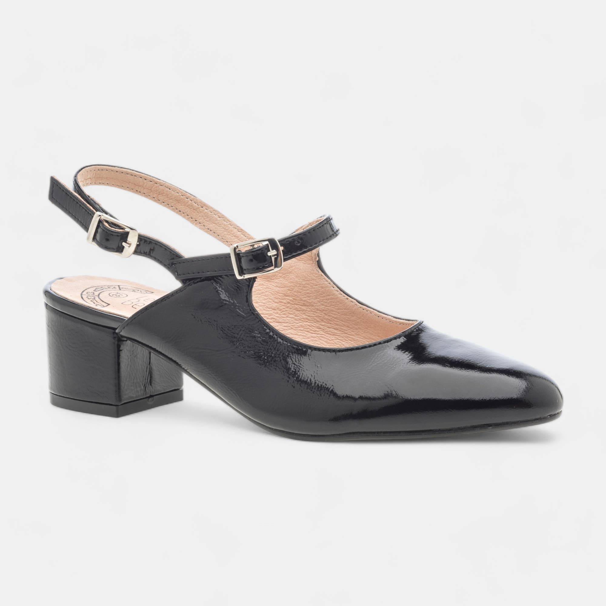 Escarpins avec bride arrière à talon compensé Femme en cuir noir vernis