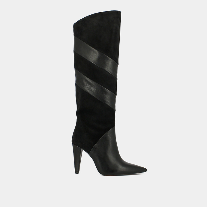 Bottes hautes à bouts pointus  en cuir et croute noir