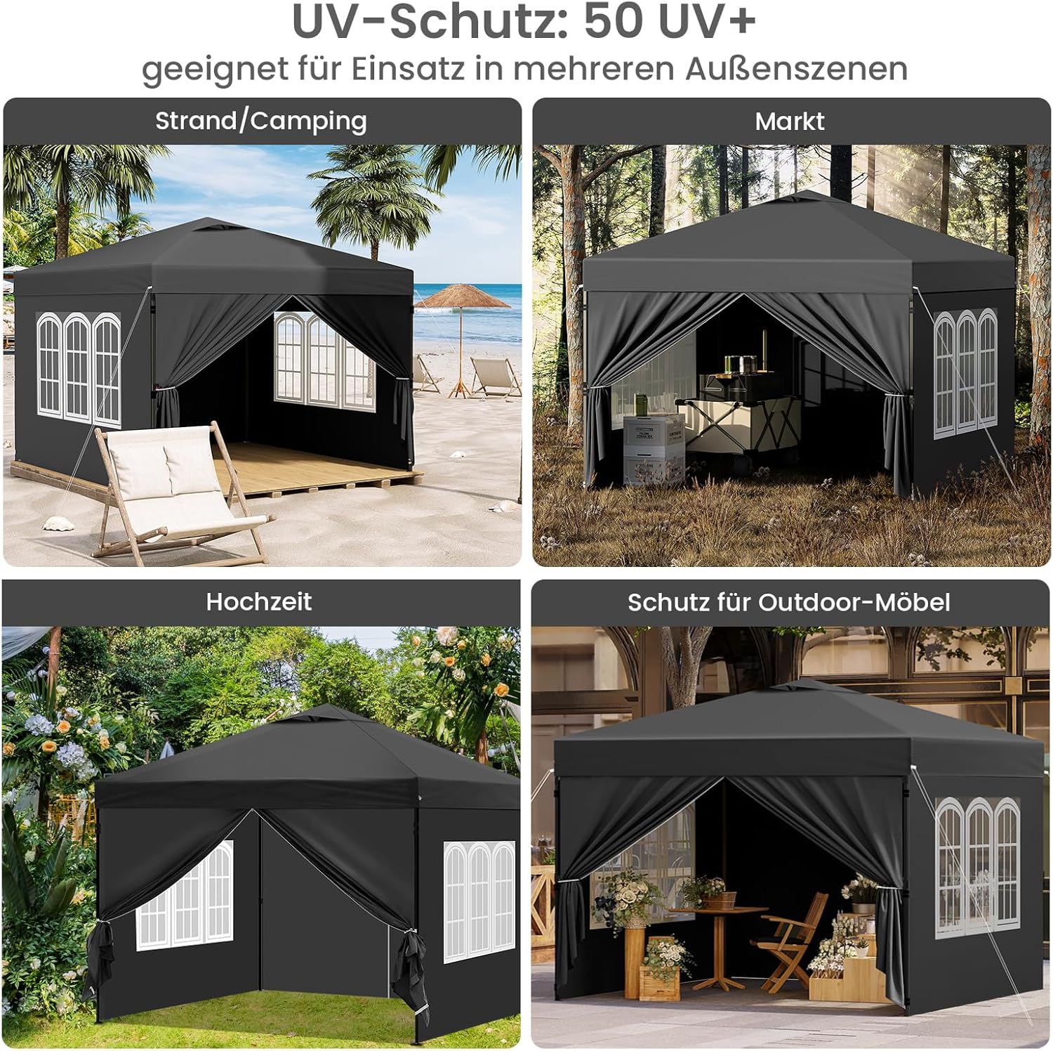 Laneetal Pavillon 3x3 m, Faltpavillon mit Seitenwänden, wasserfest stabil Winterfest, Outdoor Gartenpavillon, Partyzelt Gartenzelt, höhenverstellbar, UV Schutz, Metallrahmen,Anthrazit