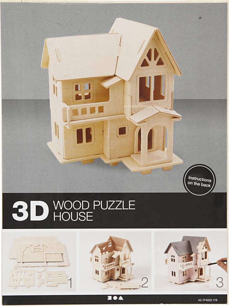 3D Træ Puslespil - Hus Med Altan - 15,8X17,5X19,5 CM